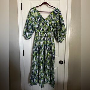 Niara V-Neck Belted Puff Sleeve Midi Dress in Blue & Yellow